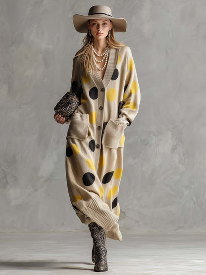 Vintage Fashion V-neck Front Button Yellow And Black Polka Dot Beige Knitted Dress Cardigan