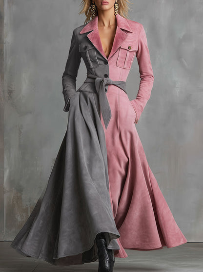 Western-style Multi-pocket Single-breasted Color-blocked Faux Suede Maxi Dress