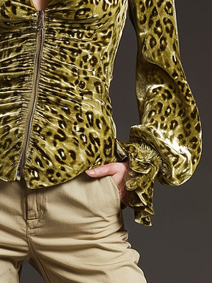 Casual Retro Leopard Print Moss Green Velvet Pleated Zipper Long-Sleeve Shirt