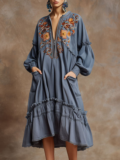 Vintage Half-zip Floral Embroidered Blue Denim Long-sleeved Ruffle Midi Dress