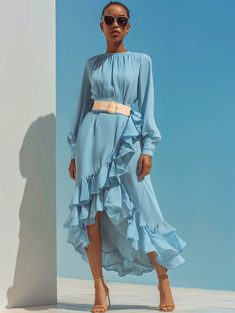 Casual Light Blue Striped Ruffled Maxi Dress