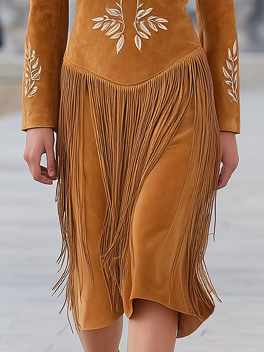 Western-style Vintage Leaf Embroidery Caramel Faux Suede Tassel Midi Dress