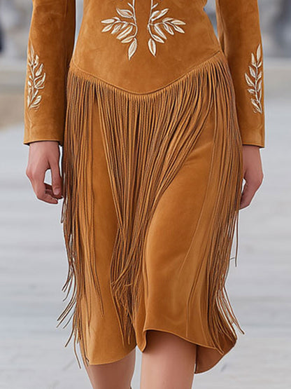 Western-style Vintage Leaf Embroidery Caramel Faux Suede Tassel Midi Dress