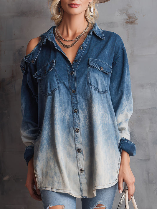 Casual Retro Loose Blue Gradient One-shoulder Denim Shirt