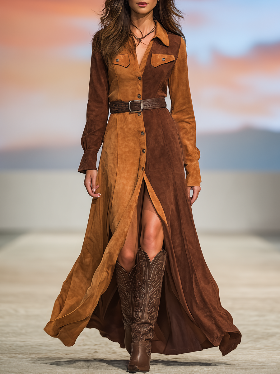 Western-style Retro Color-blocked Faux Suede Maxi Dress
