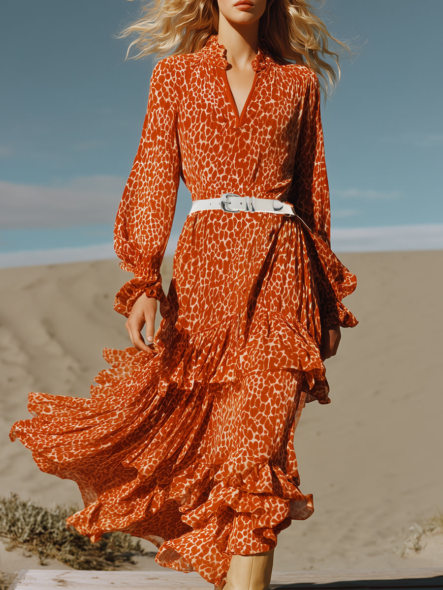 Stylish And Casual Ruffle Trim Orange Leopard Print Chiffon Maxi Dress