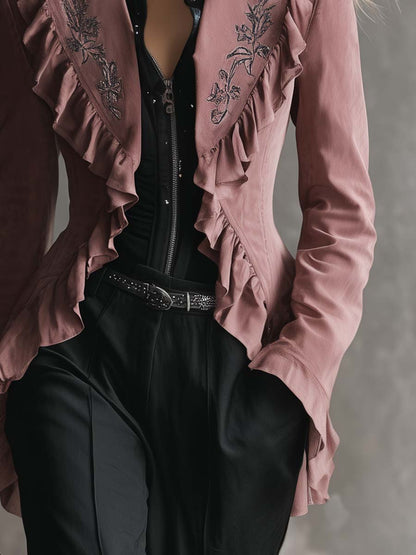 Vintage Western Embroidered Notch Collar Ruffle Trim Pink Suede Jacket