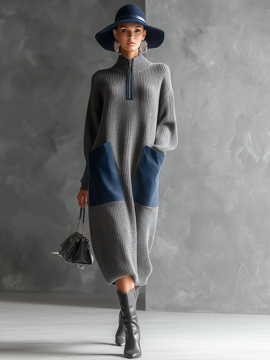 Casual Retro Blue Faux Leather Large Pocket Gray Knit Midi Dress