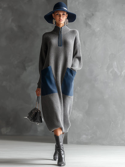 Casual Retro Blue Faux Leather Large Pocket Gray Knit Midi Dress