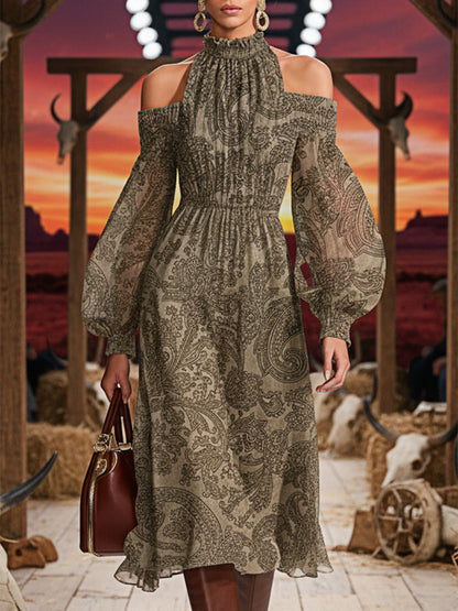 Casual Retro High-neck Off-shoulder Cashew Print Faux Suede Midi Dress