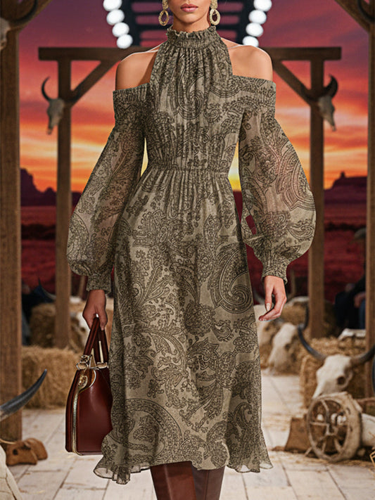 Casual Retro High-neck Off-shoulder Cashew Print Faux Suede Midi Dress