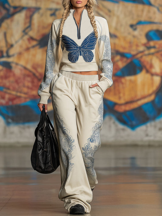 Stand-up Collar Half-zip Butterfly Print Sweatshirt And Wide-leg Pants Set