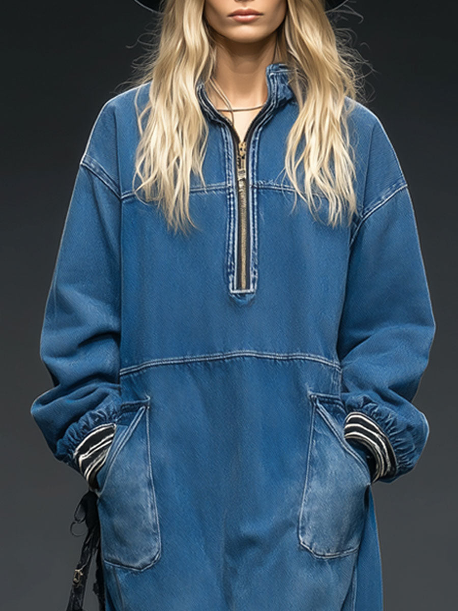 Casual Retro Half-zip Ribbed Blue Denim Long-sleeved Midi Dress