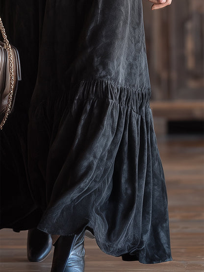 Western Black Faux Suede Textured V-Neck Elastic Maxi Dress