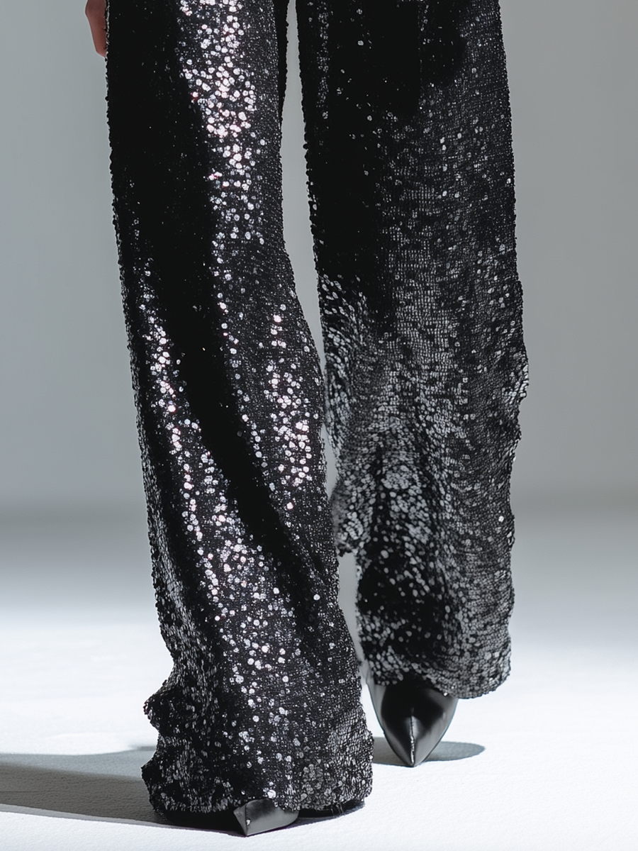 Trendy Urban Denim Patchwork Sequined Wide-leg Pants
