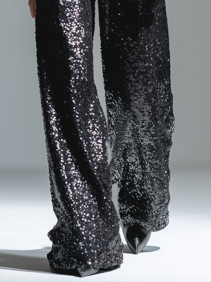 Trendy Urban Denim Patchwork Sequined Wide-leg Pants