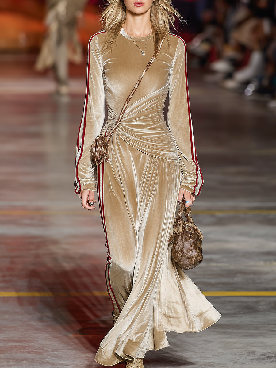 Casual And Stylish Red Striped Beige Velvet Sporty Maxi Dress