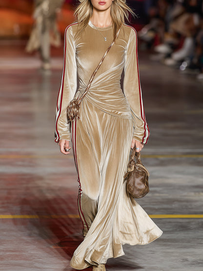 Casual And Stylish Red Striped Beige Velvet Sporty Maxi Dress