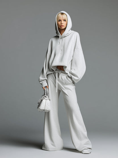 Casual Loose-fitting Grayish White Hooded Sweatshirt And Wide-leg Pants Sports Set