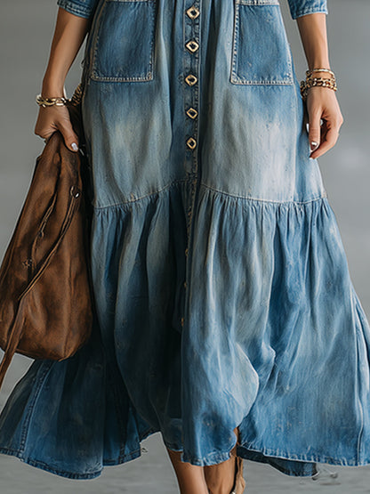 Stylish And Unique Distressed Blue Denim Button-down Maxi Dress