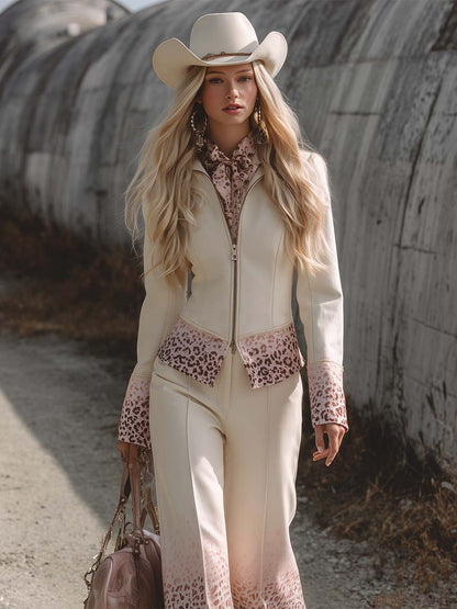 Vintage Fashion Lapel Front Zipper Pink Leopard Print Hem Cream Jacket