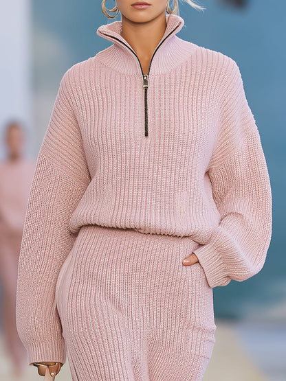 Casual And Stylish Stand-up Collar Pink Knitted Slit Midi Dress