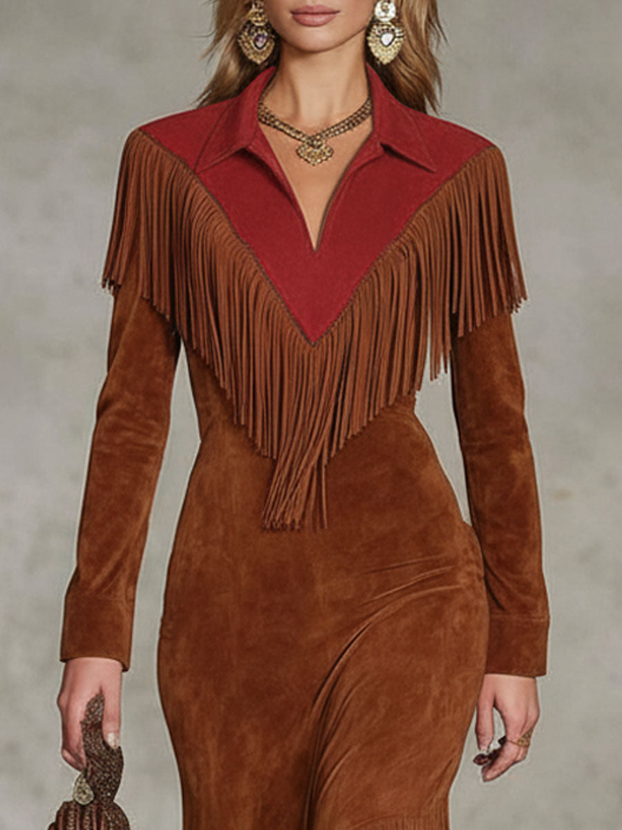Western-style Color-blocked Fringed Suede Maxi Dress