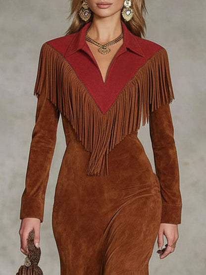 Western-style Color-blocked Fringed Suede Maxi Dress