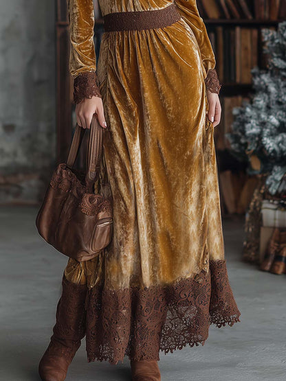 Vintage Elegance Exquisite Brown Lace V-neck And Hem Gold Velvet Maxi Dress