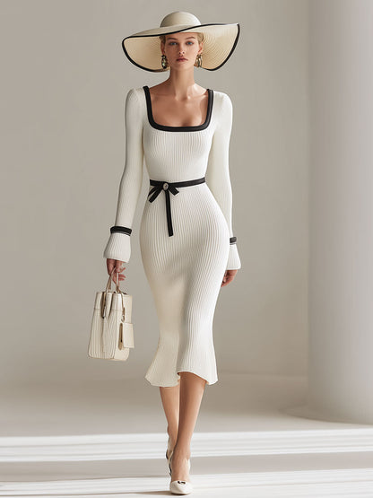 Stylish And Elegant Black-trimmed White Knit Midi Dress