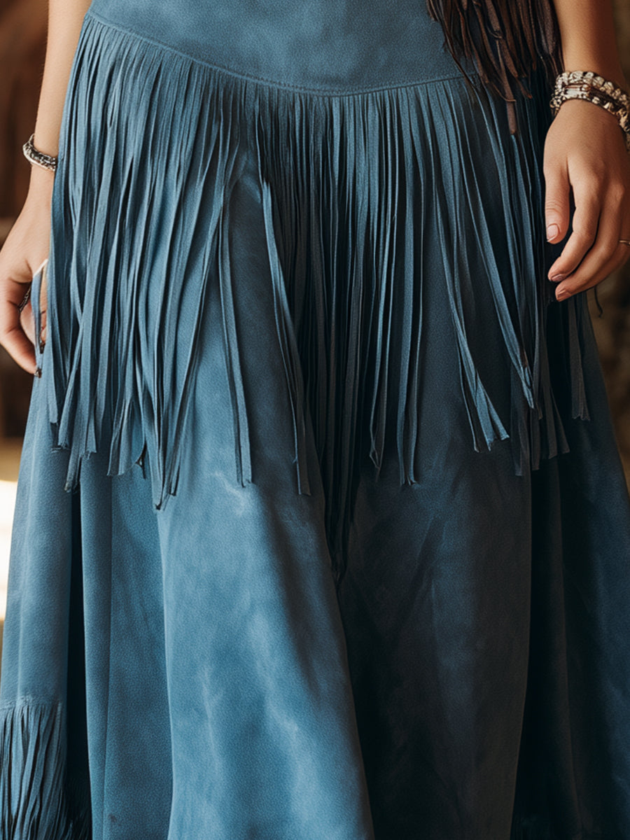 Western Blue Faux Suede Patchwork Fringe Midi Skirt