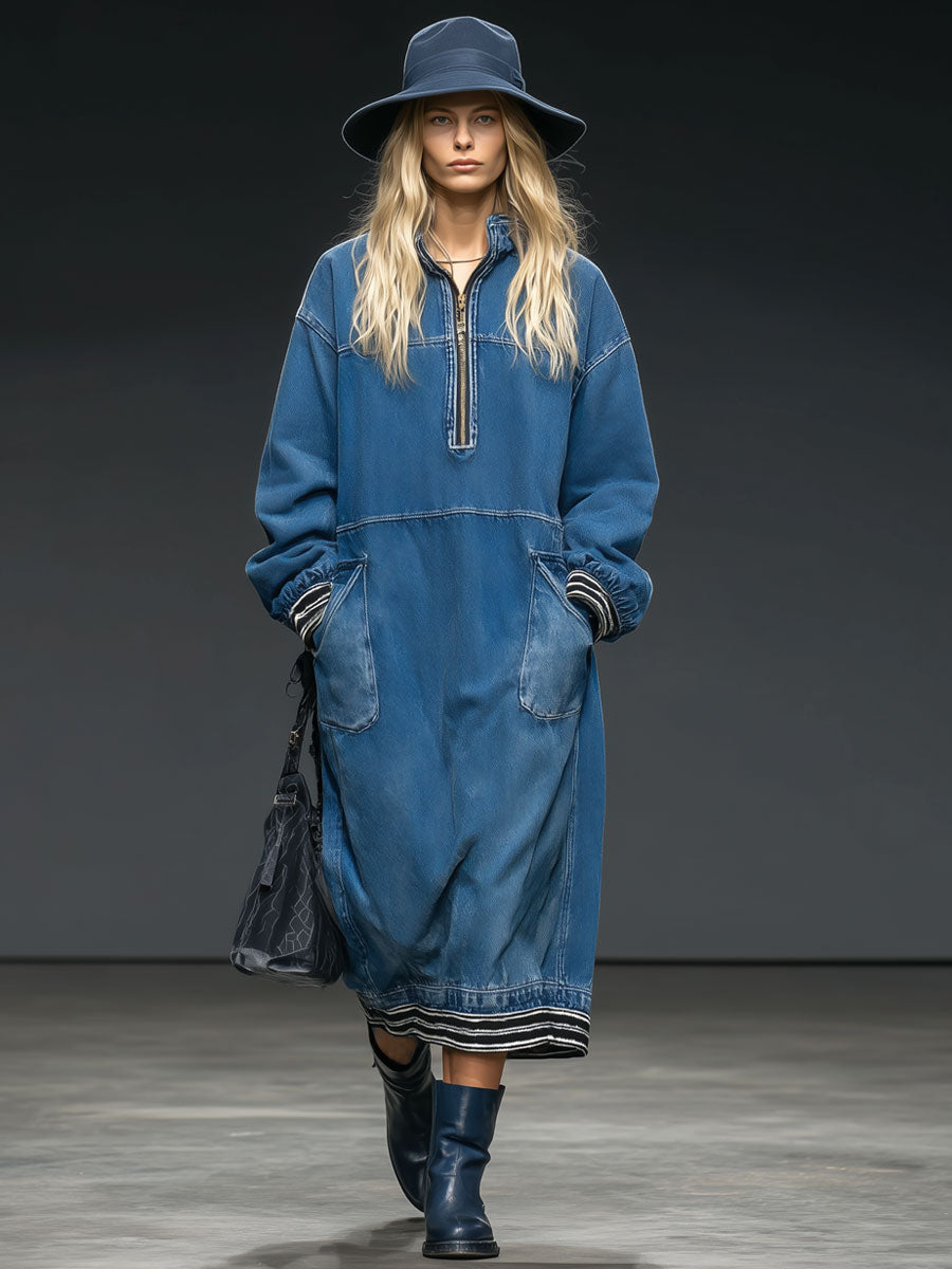 Casual Retro Half-zip Ribbed Blue Denim Long-sleeved Midi Dress