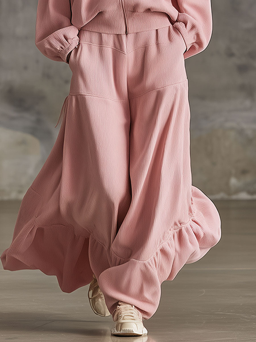 Stylish And Elegant Loose-fitting Pink Corduroy Hooded Top And Pants Set