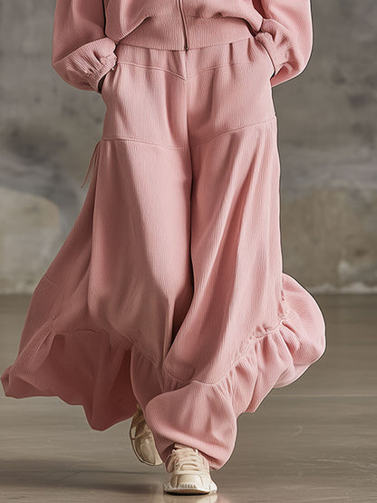 Stylish And Elegant Loose-fitting Pink Corduroy Hooded Top And Pants Set