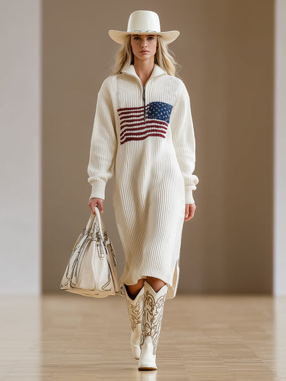 White Knitted With Zipper Design And American Flag Pattern On The Chest  Midi Dress
