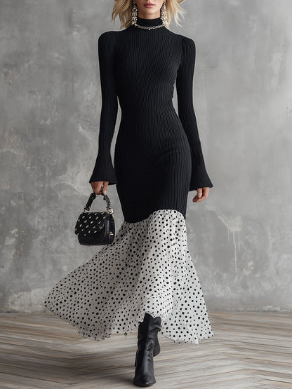 Stylish And Elegant White Polka Dot Chiffon Black Knit Maxi Dress