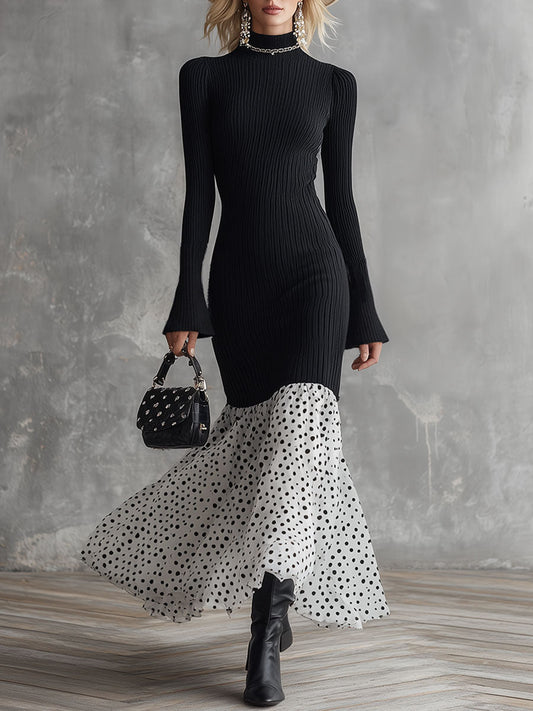 Stylish And Elegant White Polka Dot Chiffon Black Knit Maxi Dress