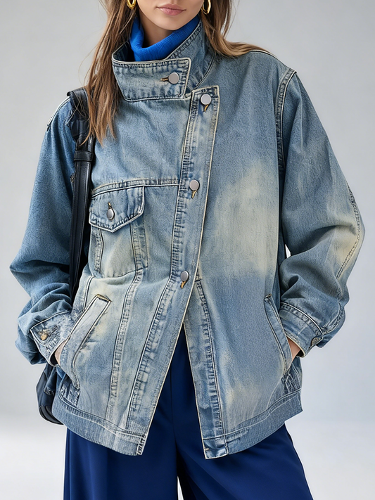 Retro-chic Stand-up Collar Washed Distressed Denim Jacket
