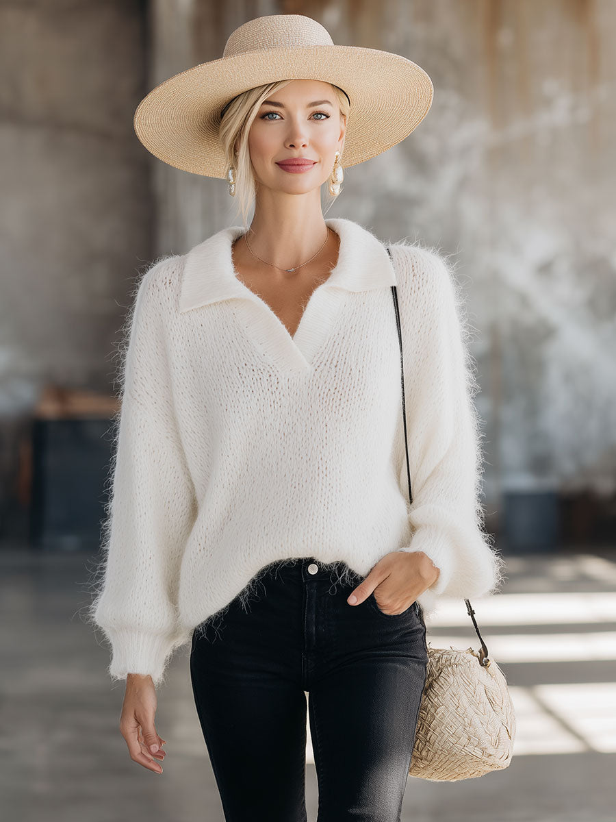 Stylish And Casual White Knitted Collar Sweater