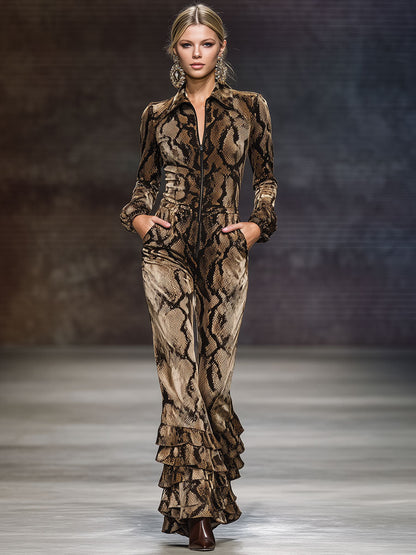 Casual Retro Ruffled Snakeskin Brown Velvet Long-sleeved Jumpsuit