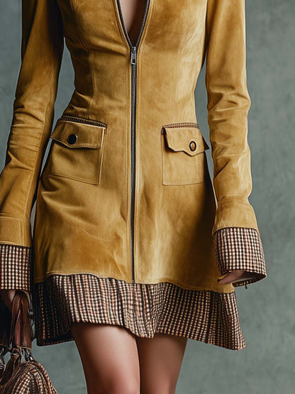 Vintage Elegant Western Lapel Front Zipper Plaid Ruffled Hem Gold Eco-friendly Suede Mini Dress