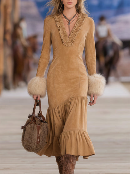 Western Brown Faux Suede V-neck Ruffled Cuffs And Fur-trimmed Midi Dress