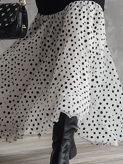 Stylish And Elegant White Polka Dot Chiffon Black Knit Maxi Dress