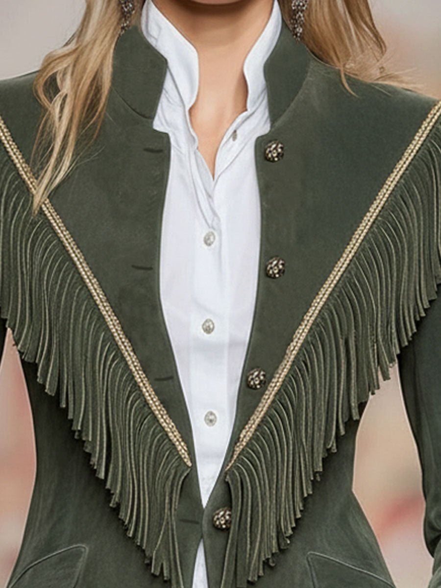 Western-style Embroidered Stand-up Collar Fringed Suede Jacket