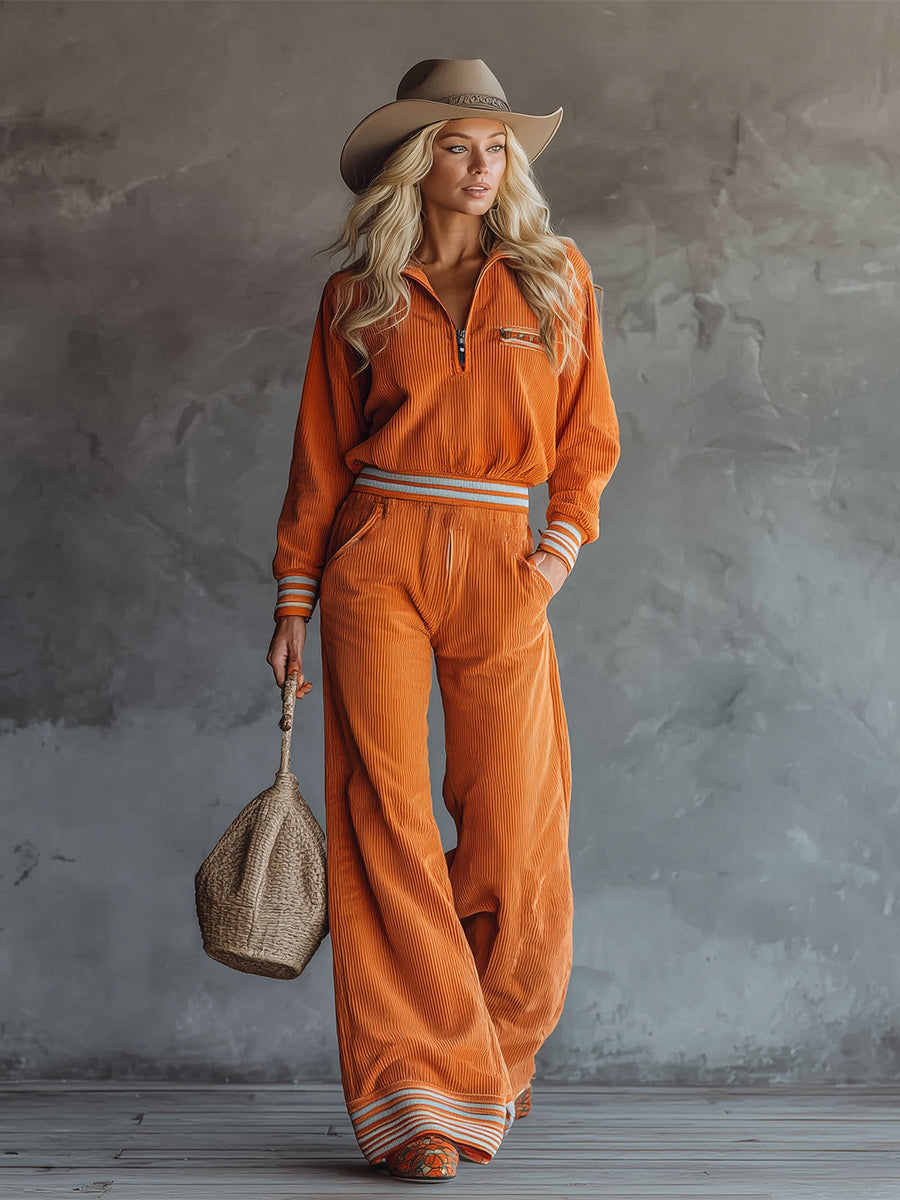Trendy Sporty Orange Corduroy Half-zip Top And Wide-leg Pants Casual Set