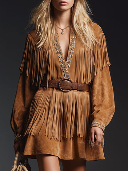 Western Retro Camel Faux Suede Tassel Long-Sleeved Mini Dress