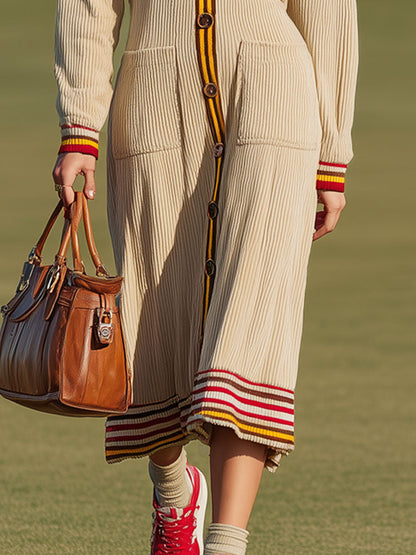 Sporty Retro Striped Trim Light Khaki Corduroy Long-sleeved Midi Dress