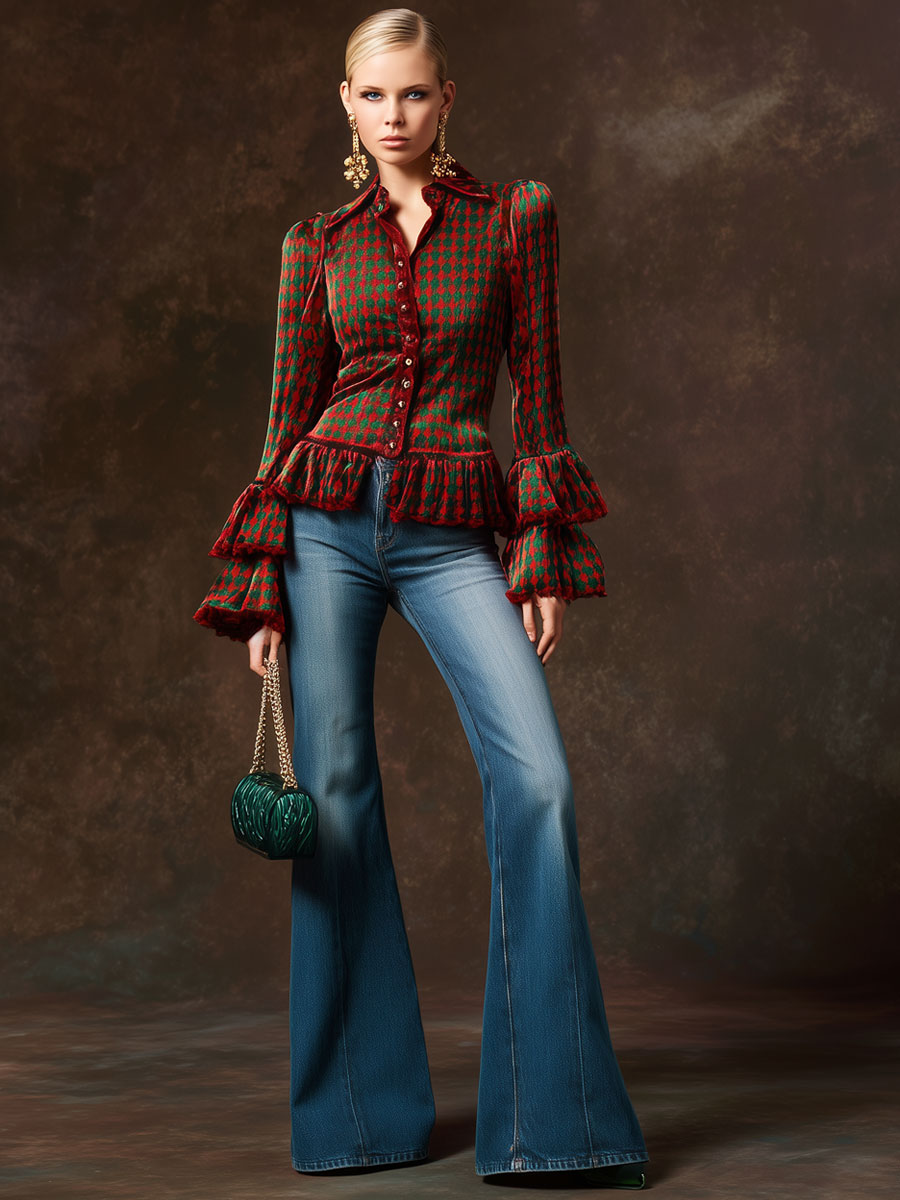 Trendy Retro Red And Green Houndstooth Velvet Long-sleeved Ruffle Shirt