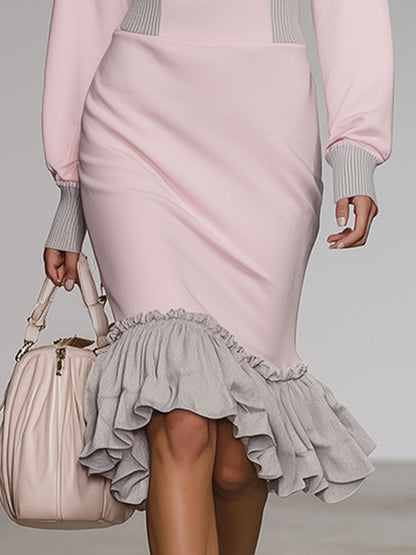 Stylish And Casual Grey Ruffled Pink Cotton Midi Dress
