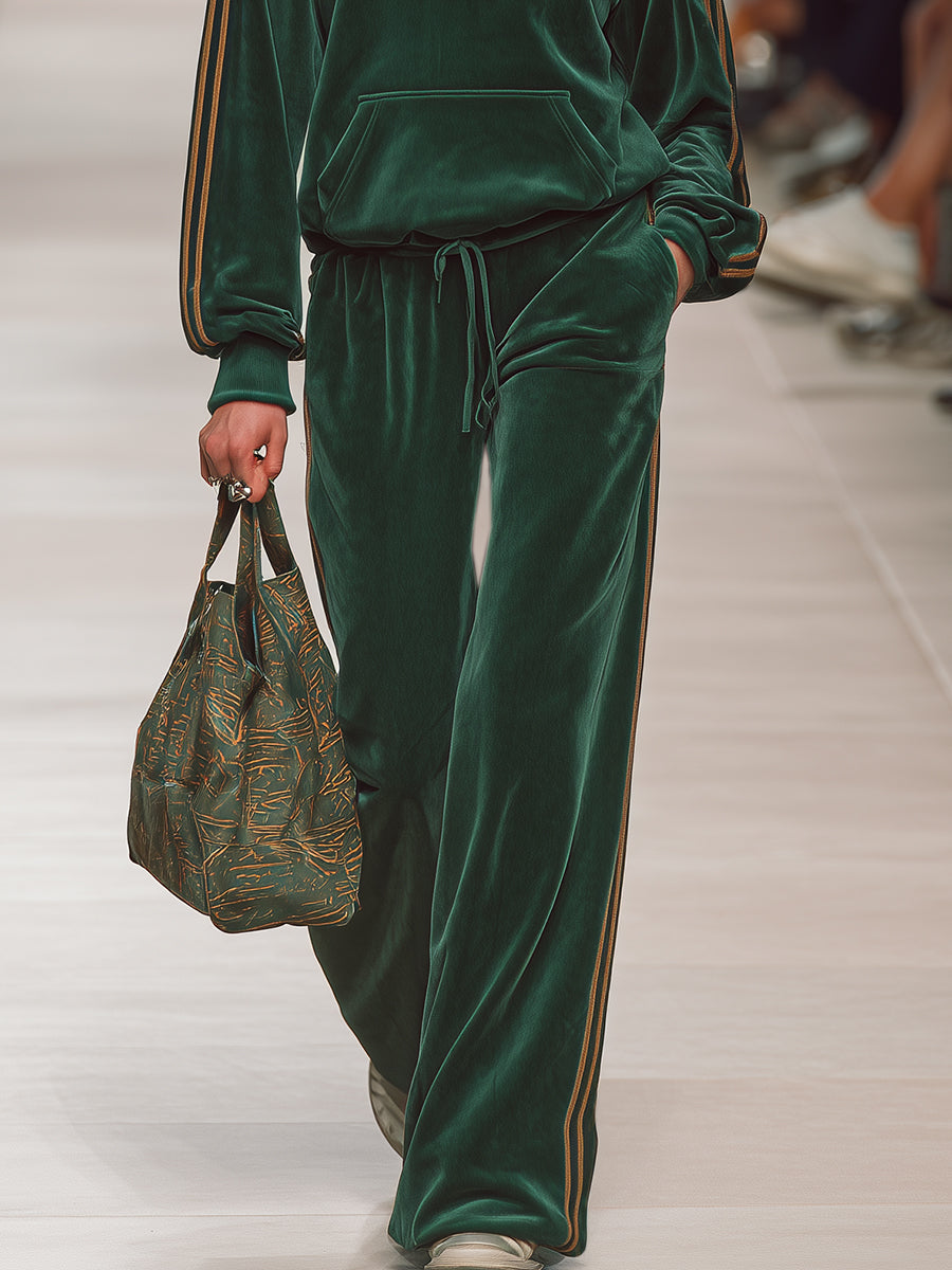 Casual Sports Green Velvet Sweatshirt And Pants Set